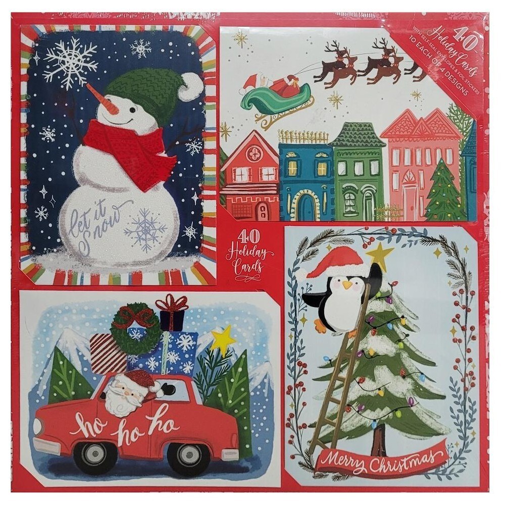 40 Holiday Cards with Self-Seal Envelopes & Foil Stickers - 4 Festive Designs